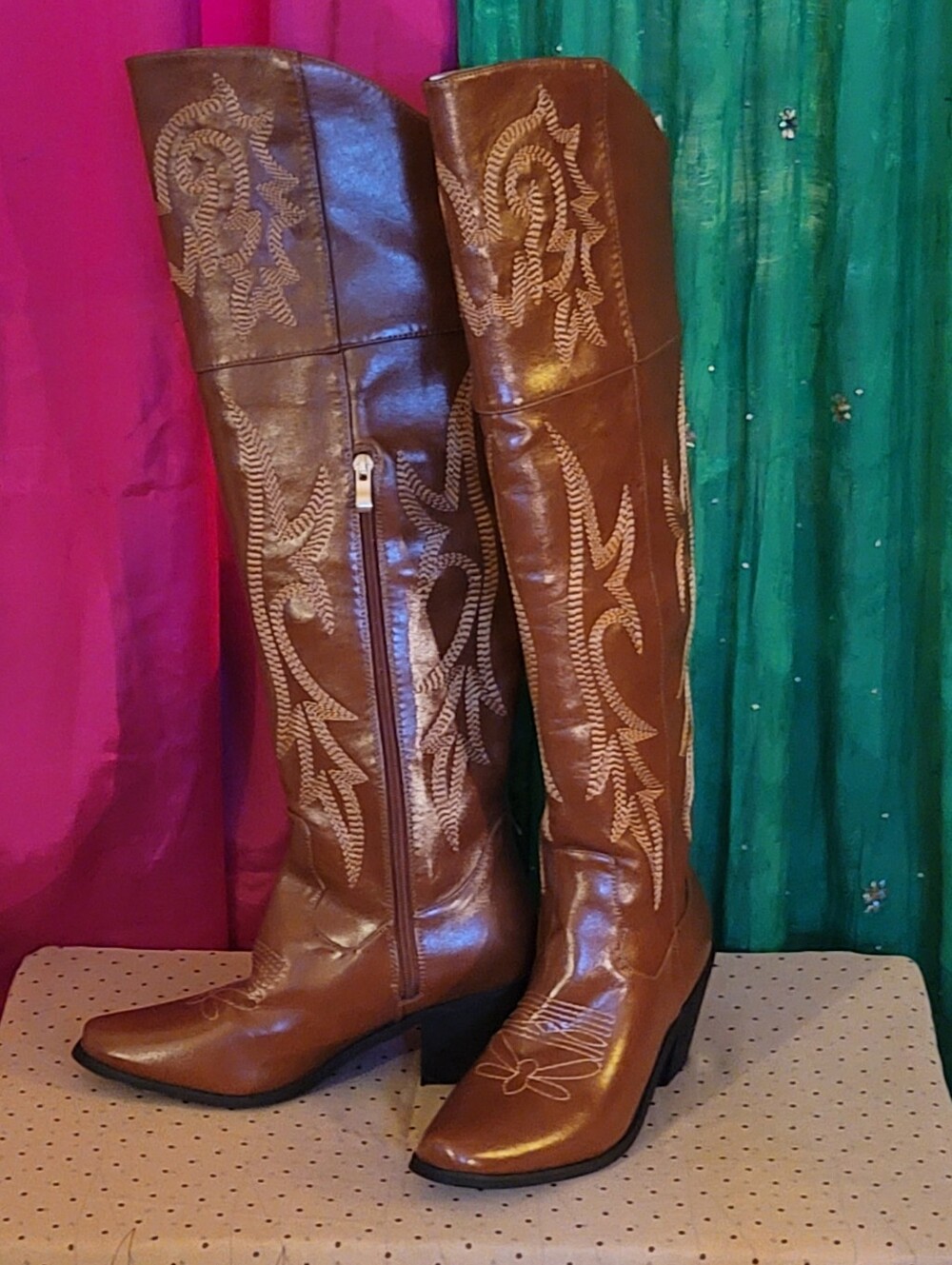 Brown Embroidered Knee-High Women's Boots